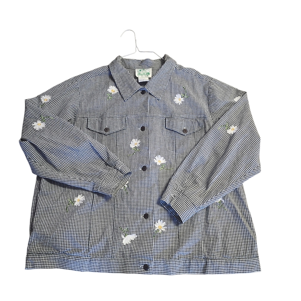 Quacker FactoryBlack and White Checkered Jacket withDaisy Floral Embroidery